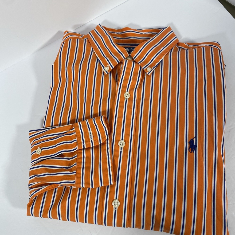 Ralph‎ Lauren Shirt Large Classic Fit Orange Stripe Long Sleeve Button Down Pony